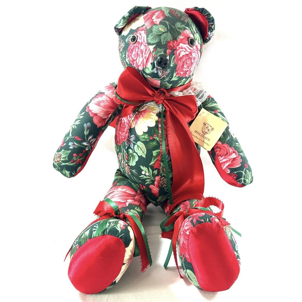 Vintage Holiday Floral Teddy Bear By Sandy Holiday 20” W/ Original Tag - Picture 3 of 8
